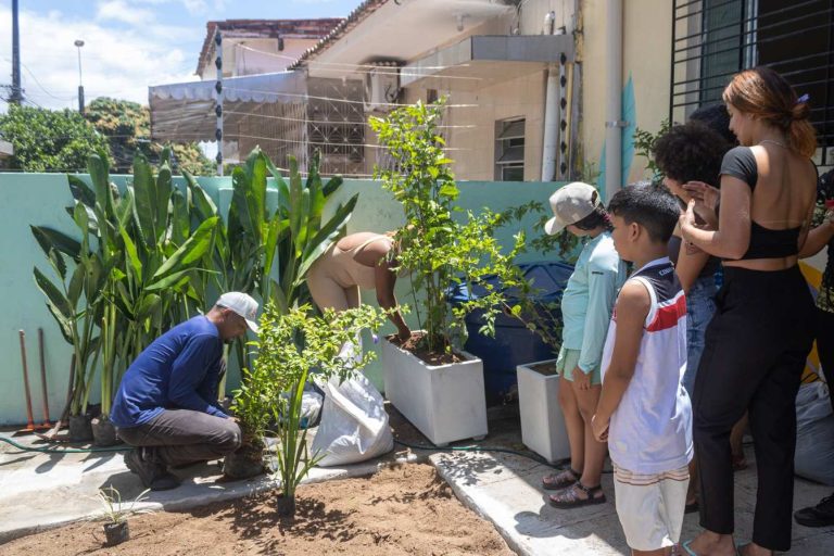 Jardim de chuva é implantado no bairro de Cajueiro como estratégia de adaptação climática